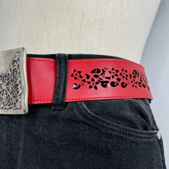 Guido Angeloni Red Leather Belt Statement Buckle Made in Italy Medium - Picture 2 of 10